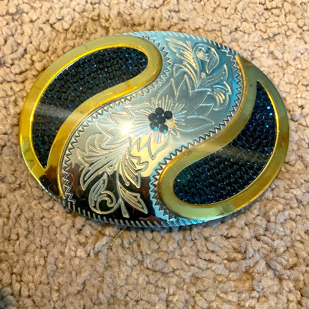 German silver western belt buckle gold silver with black rhinestones